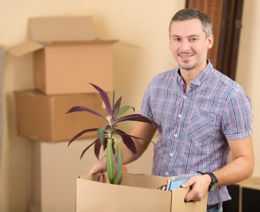 men with plant in new apartment